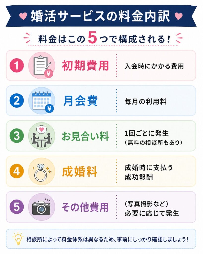 ★料金の内訳
・初期費用→ 入会時にかかる費用
・月会費→毎月の利用料
・お見合い料→ 1回ごとに発生（無料の相談所もあり）
・成婚料→ 成婚時に支払う成功報酬
・その他費用→ （写真撮影など）必要に応じて発生