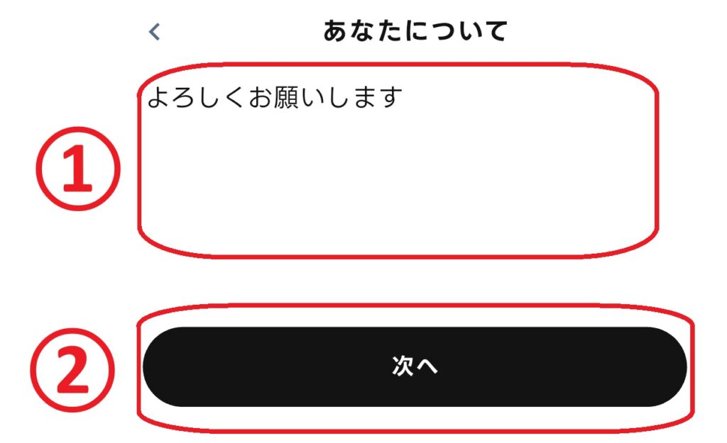 ステップ13
自己紹介文を入力します。10文字以上入力したうえで、「次へ」をクリックします