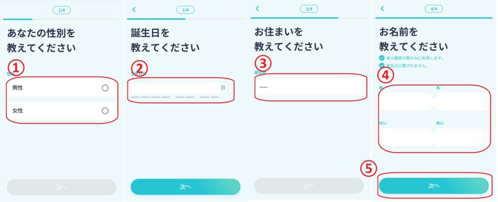 ステップ5
性別、生年月日、住まい、名前などの基本情報を入力し、「次へ」をクリックします